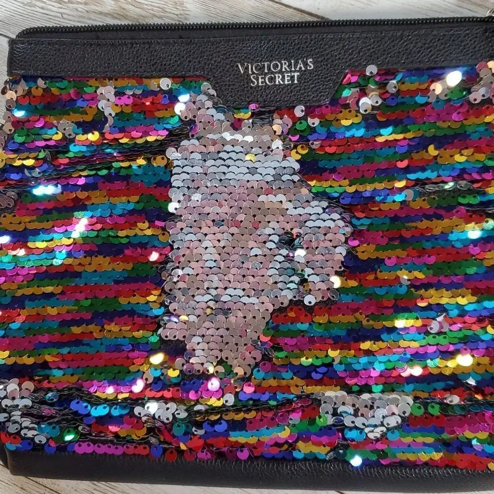 2 Victoria's Secret Bags‎ Cosmetic & Change Purse Rainbow Sequin & Pink Pleather